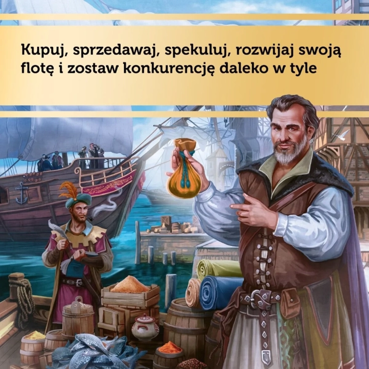 Ilustracja z gry Kupcy i Żeglarze przedstawiająca kupców w porcie oraz okręt.