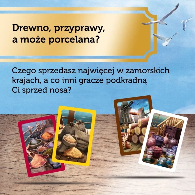 Karty towarów z gry Kupcy i Żeglarze: przyprawy, zboże, drewno i porcelana.