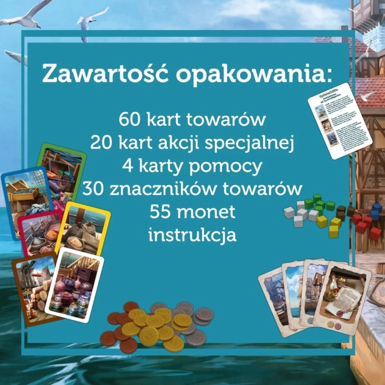Infografika przedstawiająca pełną zawartość opakowania gry Kupcy i Żeglarze.