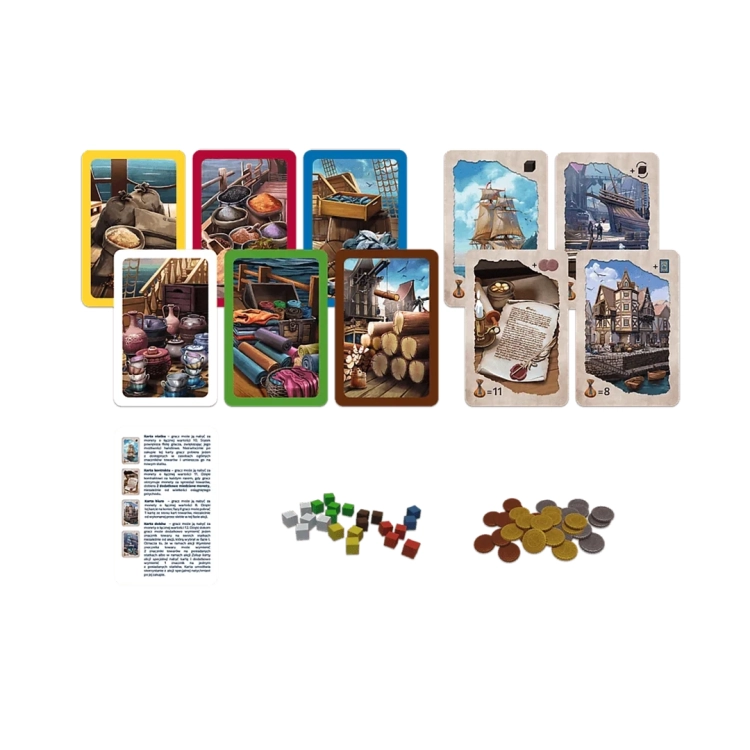Karty towarów, karty pomocy, monety i kolorowe znaczniki do gry Kupcy i Żeglarze.