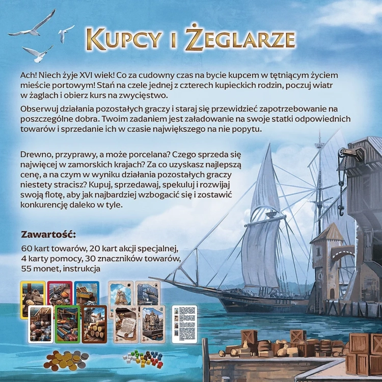 Tył opakowania gry Kupcy i Żeglarze z opisem fabuły i listą elementów.