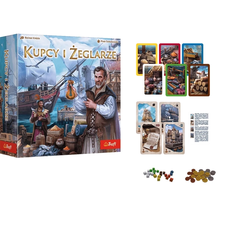 Pełny zestaw gry Kupcy i Żeglarze Trefl: opakowanie oraz wszystkie akcesoria.
