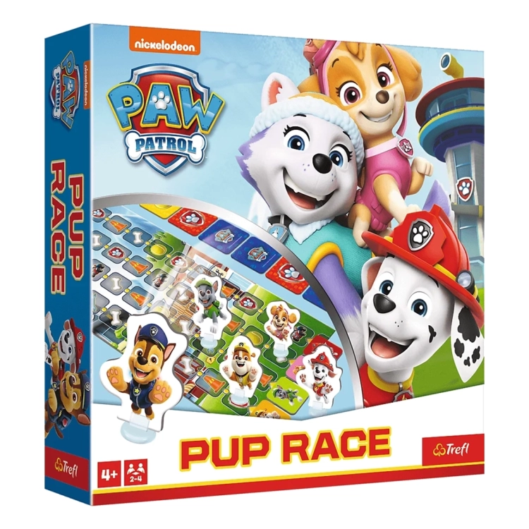 Pudełko gry rodzinnej Pup Race Psi Patrol Trefl – widok na bohaterów serialu.