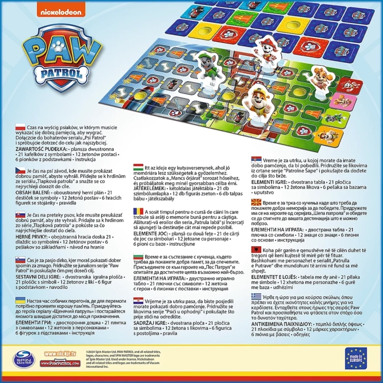 Tył opakowania gry Pup Race Psi Patrol z opisem zasad i zawartością pudełka.