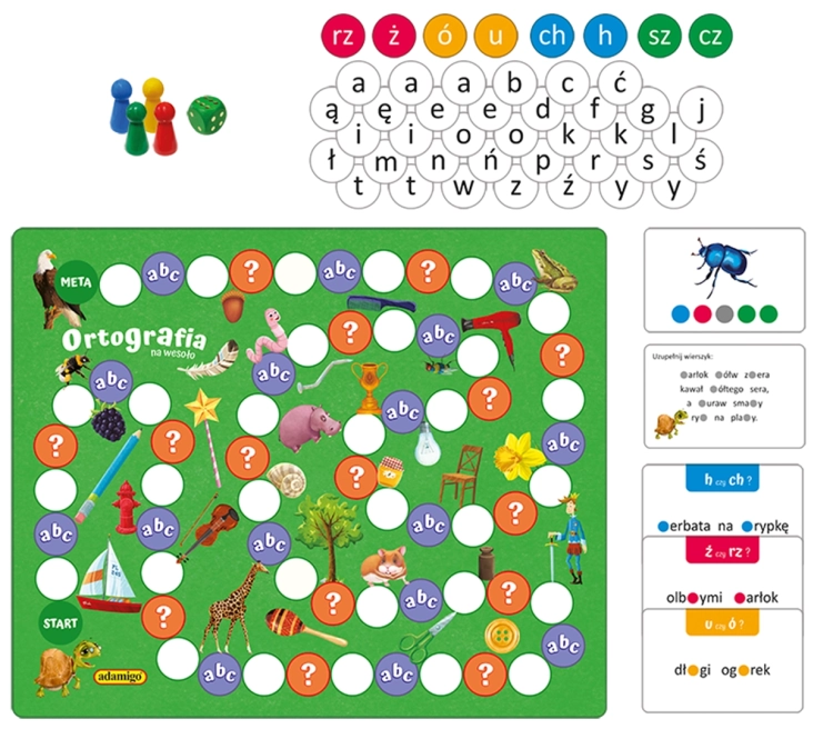 Gra edukacyjna Ortografia na wesoło Adamigo – kolorowa plansza z obrazkami, pionki, kostka i karty z zadaniami.