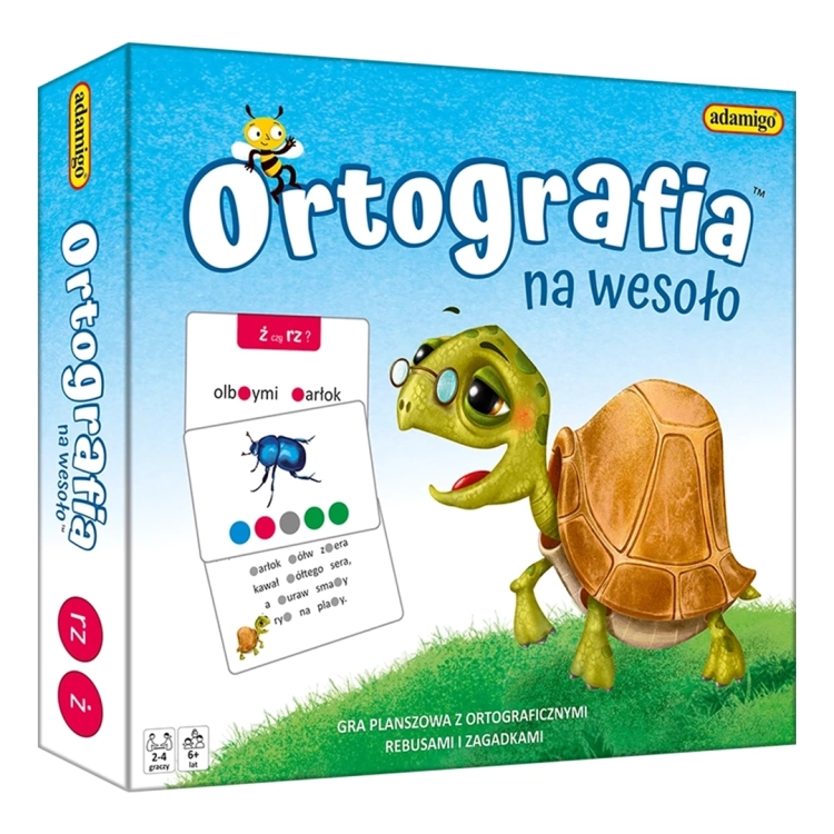 Pudełko gry planszowej Ortografia na wesoło Adamigo z wesołym żółwiem w okularach.