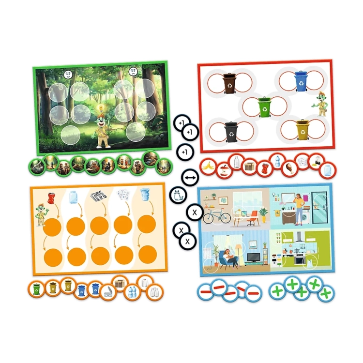 Elementy gry Ekologia Mały Odkrywca: 4 planszetki tematyczne i kolorowe żetony.