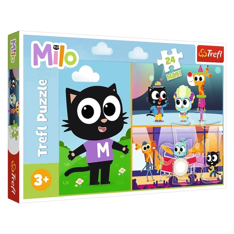 Pudełko puzzli 24 Maxi Milo Przygody małego kotka Trefl dla dzieci od 3 lat.