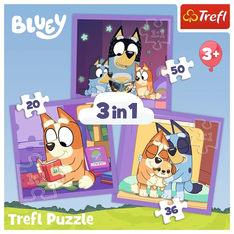 Opakowanie puzzli Trefl Bluey 3 w 1, zestawy 20, 36 i 50 elementów.