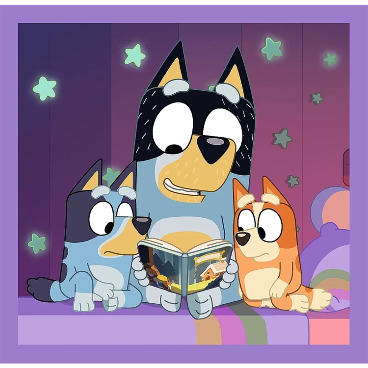 Bandit Heeler czyta książkę Bluey i Bingo przed snem, puzzle 3 w 1 Trefl.