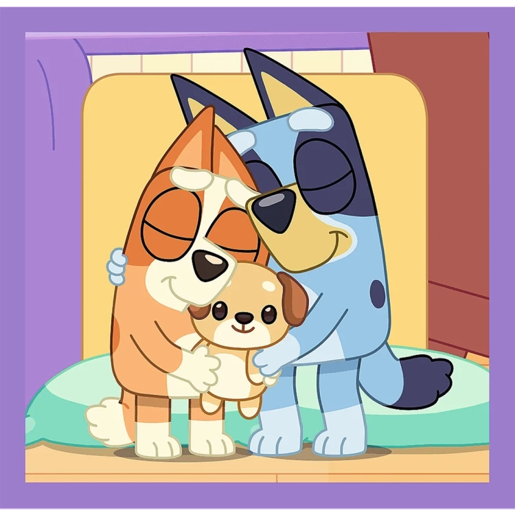 Bluey i Bingo przytulają maskotkę, grafika z puzzli 3 w 1 Trefl.