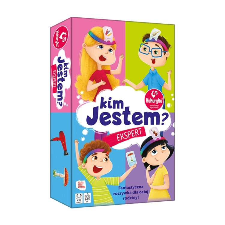 Gra rodzinna Kim Jestem Ekspert marki Kukuryku dla dzieci od 5 lat, kolorowe pudełko z ilustracją dzieci bawiących się w zgadywanie.