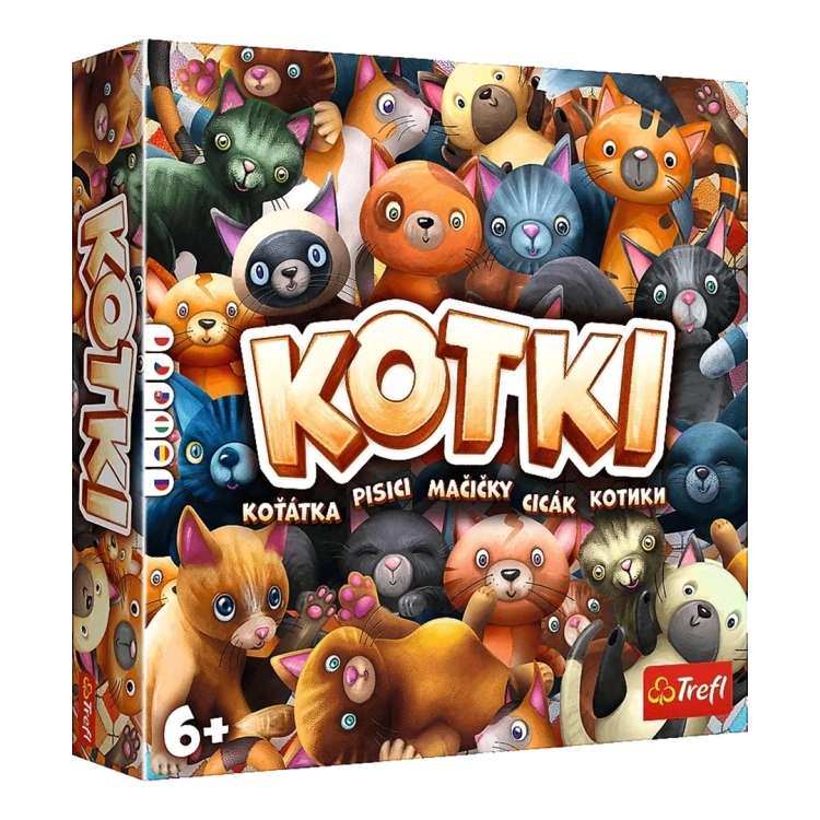 Gra planszowa Kotki Trefl dla dzieci od 6 lat, kolorowe pudełko z ilustracjami wielu różnych kotów.