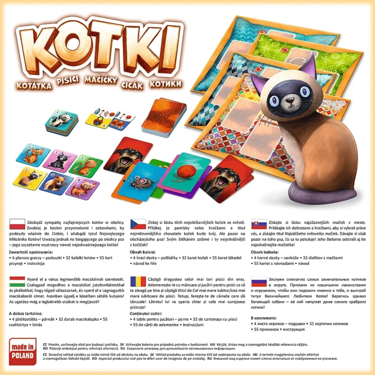 Tył opakowania gry Kotki Trefl z opisem zasad w kilku językach, spisem zawartości i grafiką elementów.