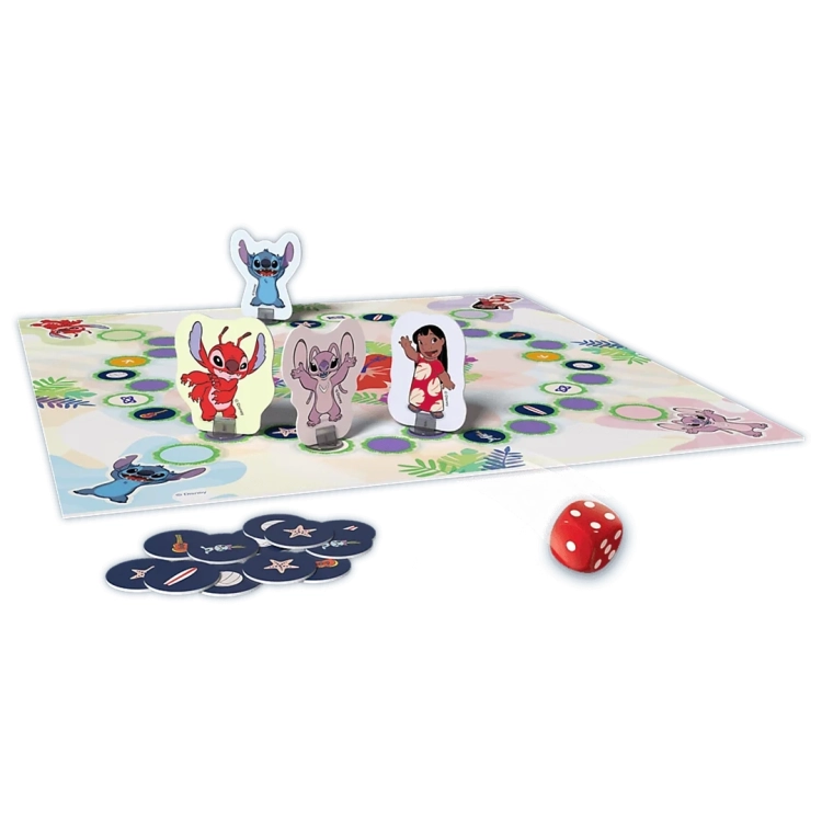 Rozłożona gra planszowa Lilo i Stitch Aloha! z kolorową planszą, pionkami postaci i żetonami.