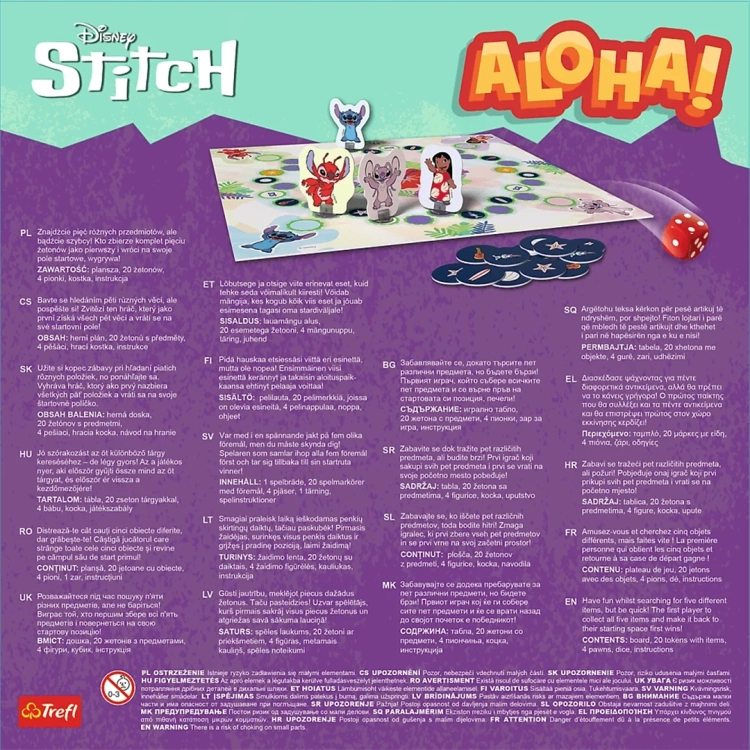 Tył opakowania gry Lilo i Stitch Aloha! Trefl z instrukcją w wielu językach i opisem zawartości.