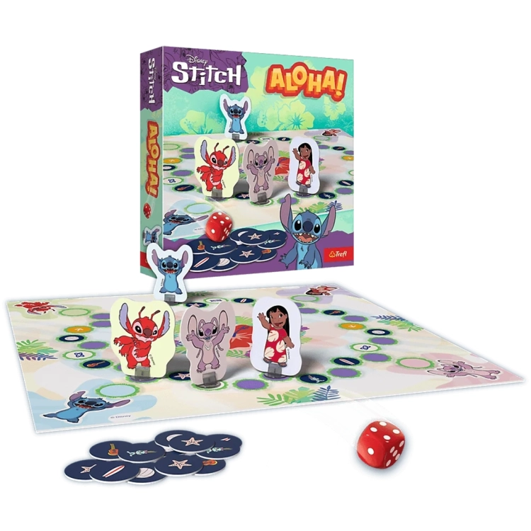 Zestaw gry planszowej Lilo i Stitch Aloha! Trefl – pudełko, plansza, pionki bohaterów i kostka.