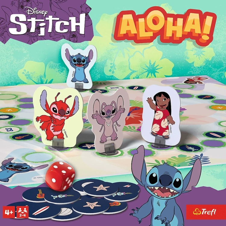 Grafika na pudełku gry Lilo i Stitch Aloha! przedstawiająca Stitcha i inne postacie z bajki Disneya.