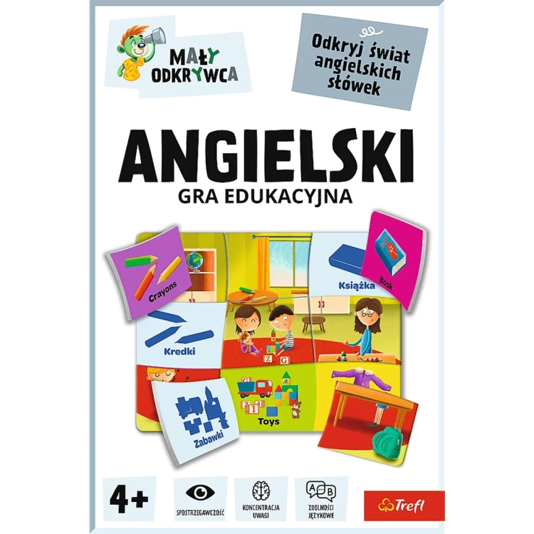 Zestawienie pudełka gry Angielski Mały Odkrywca z przykładowymi planszami do nauki języka dla dzieci.