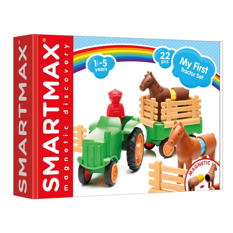 Klocki magnetyczne SmartMax My First Tractor w pudełku, zestaw z traktorem i konikami dla dzieci od 18 miesiąca życia.