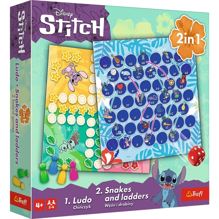 Gra planszowa 2w1 Lilo i Stitch Trefl w kolorowym pudełku, zestaw gier Chińczyk oraz Węże i drabiny dla dzieci od 4 lat.