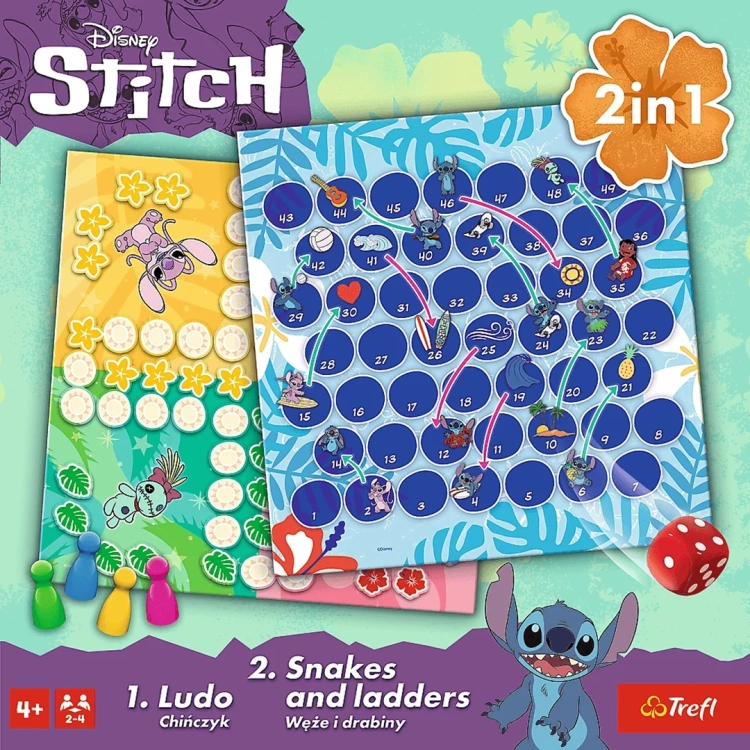 Grafika z przodu pudełka gry 2w1 Lilo i Stitch Trefl prezentująca postacie Stitcha i Lilo na tle tropikalnych plansz.