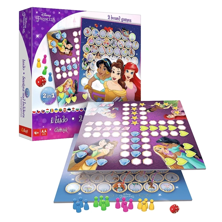 Gra planszowa 2w1 Disney Princess Trefl w pudełku, zestaw gier Chińczyk oraz Węże i drabiny dla dzieci od 4 lat.