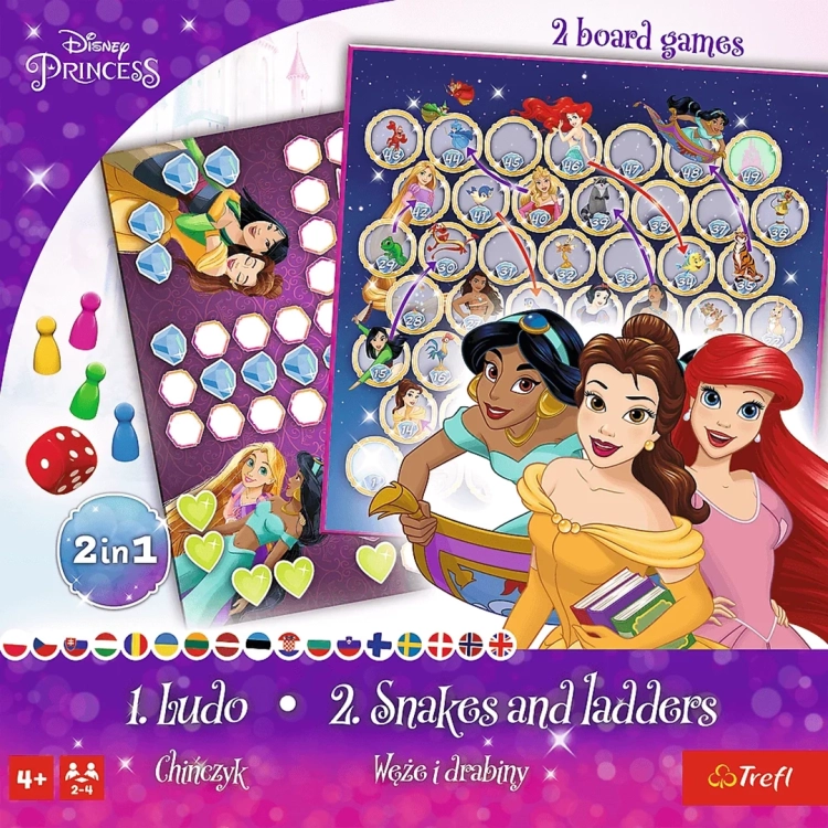 Grafika z przodu pudełka gry 2w1 Disney Princess Trefl prezentująca postacie Jasminy, Belli i Arielki na tle plansz.
