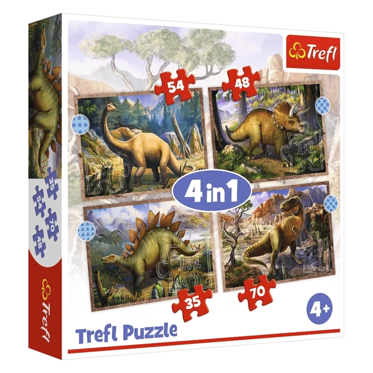 Pudełko puzzli 4w1 Trefl Ciekawe dinozaury dla dzieci od 4 lat, cztery obrazki o różnej liczbie elementów.