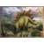 Ilustracja z puzzli Trefl: dinozaur stegozaur na tle górskiego krajobrazu i jeziora.