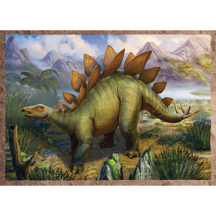 Ilustracja z puzzli Trefl: dinozaur stegozaur na tle górskiego krajobrazu i jeziora.
