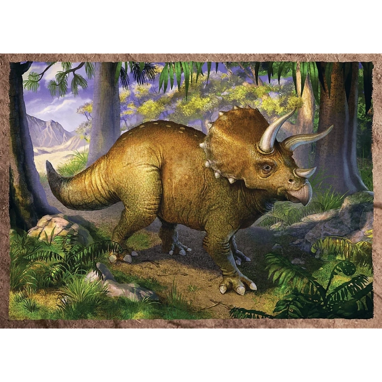 Ilustracja z puzzli Trefl: triceratops stojący w lesie, realistyczna grafika dinozaura dla dzieci.