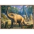 Ilustracja z puzzli Trefl: brachiozaur z długą szyją w otoczeniu prehistorycznej roślinności i gór.
