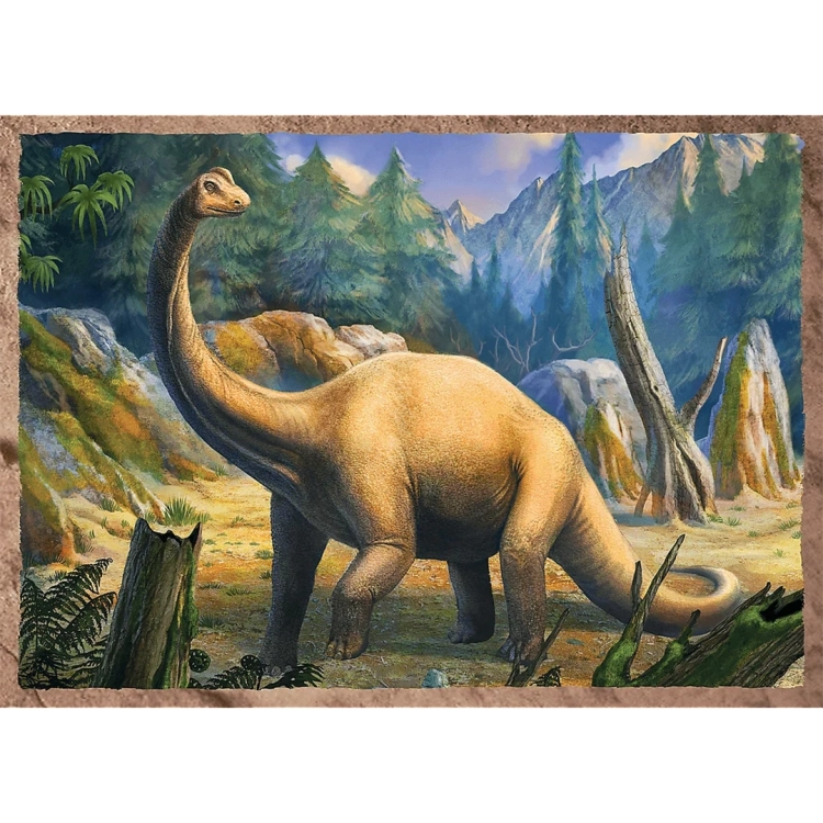 Ilustracja z puzzli Trefl: brachiozaur z długą szyją w otoczeniu prehistorycznej roślinności i gór.
