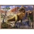 Ilustracja z puzzli Trefl: potężny tyranozaur rex na tle skalistego wąwozu i wulkanicznych szczytów.