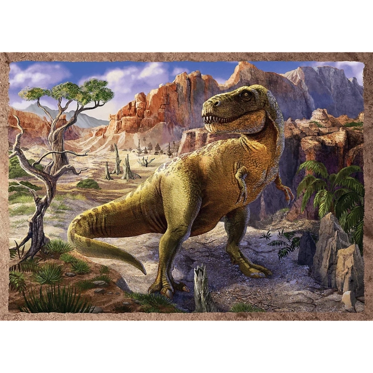 Ilustracja z puzzli Trefl: potężny tyranozaur rex na tle skalistego wąwozu i wulkanicznych szczytów.