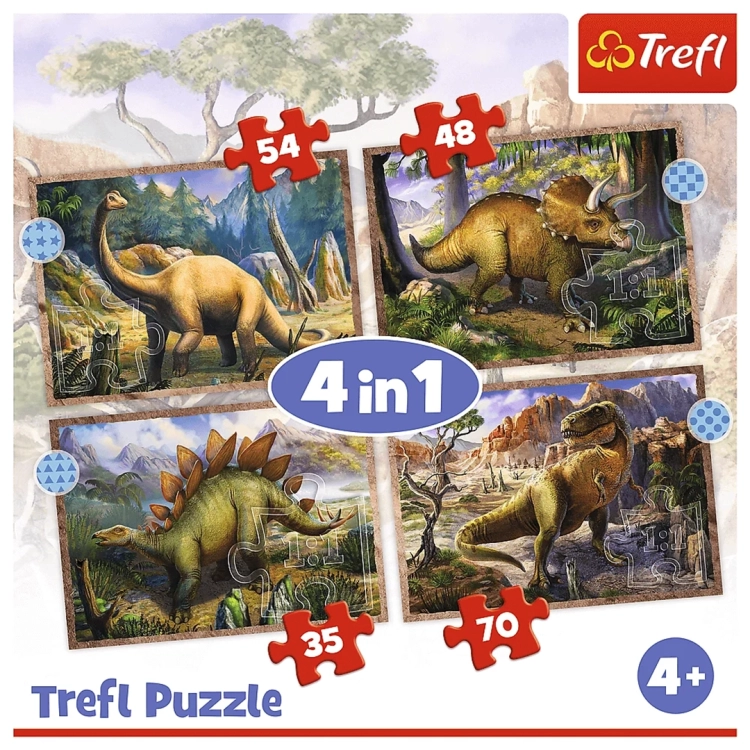 Kolorowy kolaż czterech obrazków dinozaurów z zestawu puzzli 4w1 Trefl wraz z oznaczeniem liczby elementów.