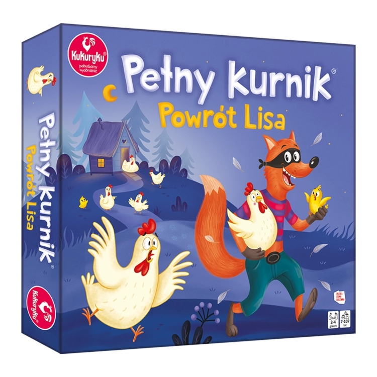 Gra planszowa Pełny Kurnik Powrót Lisa marki Kukuryku dla dzieci od 7 lat, niebieskie pudełko z grafiką lisa kradnącego kury.