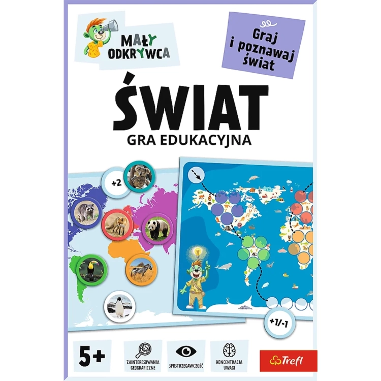 Przód pudełka gry Świat z serii Mały Odkrywca Trefl, edukacyjna grafika z mapą i zwierzętami.