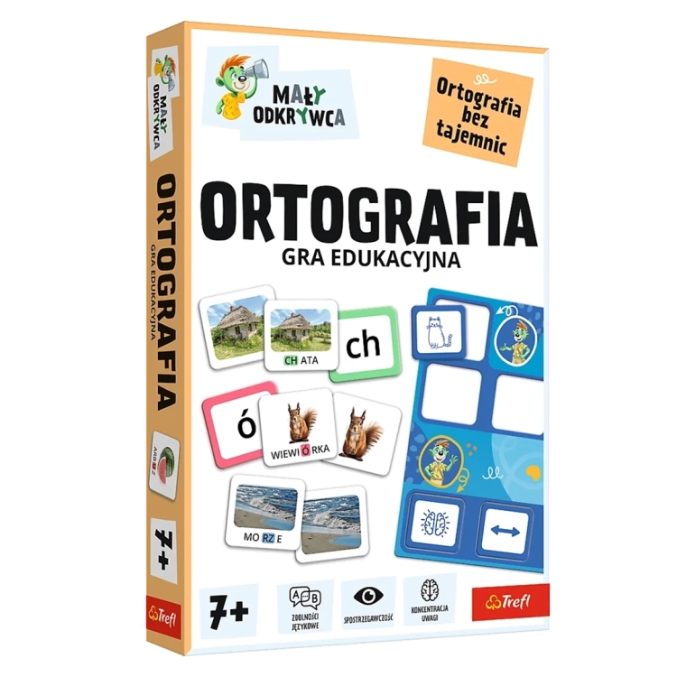 Gra edukacyjna Ortografia Mały Odkrywca marki Trefl w pudełku, dla dzieci od 7 lat.