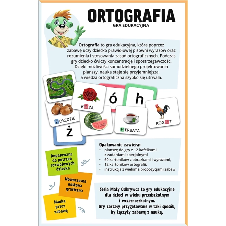 Tył opakowania gry Ortografia Trefl z opisem zasad, celami rozwojowymi i listą elementów zestawu.
