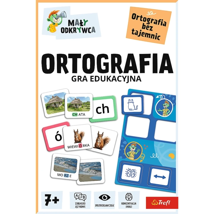 Przód pudełka gry Ortografia z serii Mały Odkrywca Trefl, edukacyjna grafika wspomagająca naukę zasad ortograficznych.