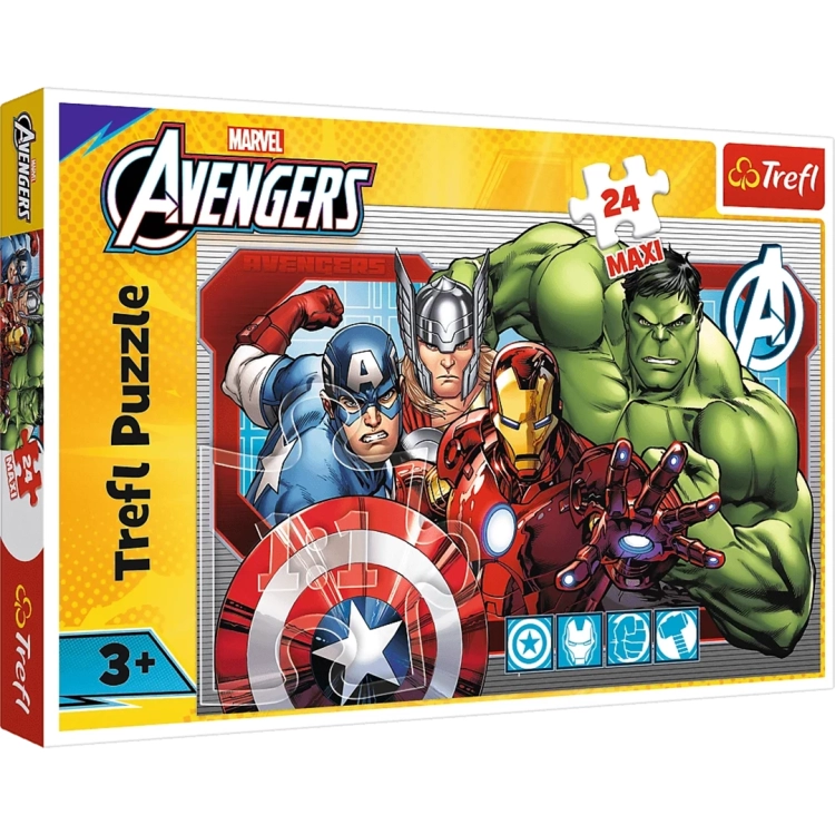Pudełko puzzli Trefl Maxi 24 elementy z bohaterami Marvel Avengers, zabawka dla dzieci 3+.