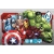 Kolorowa grafika puzzli Avengers: Kapitan Ameryka, Thor, Iron Man i Hulk na pasiastym tle.