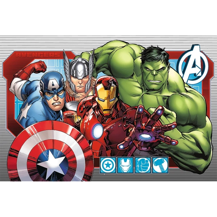 Kolorowa grafika puzzli Avengers: Kapitan Ameryka, Thor, Iron Man i Hulk na pasiastym tle.