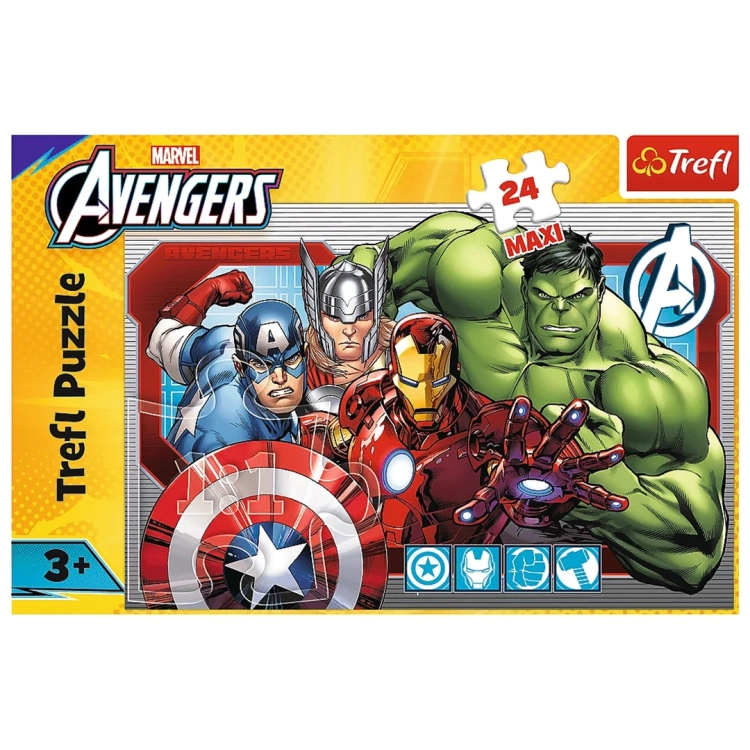 Przód opakowania puzzli 24 Maxi Trefl Marvel Avengers z widocznym rozmiarem elementów 1:1.