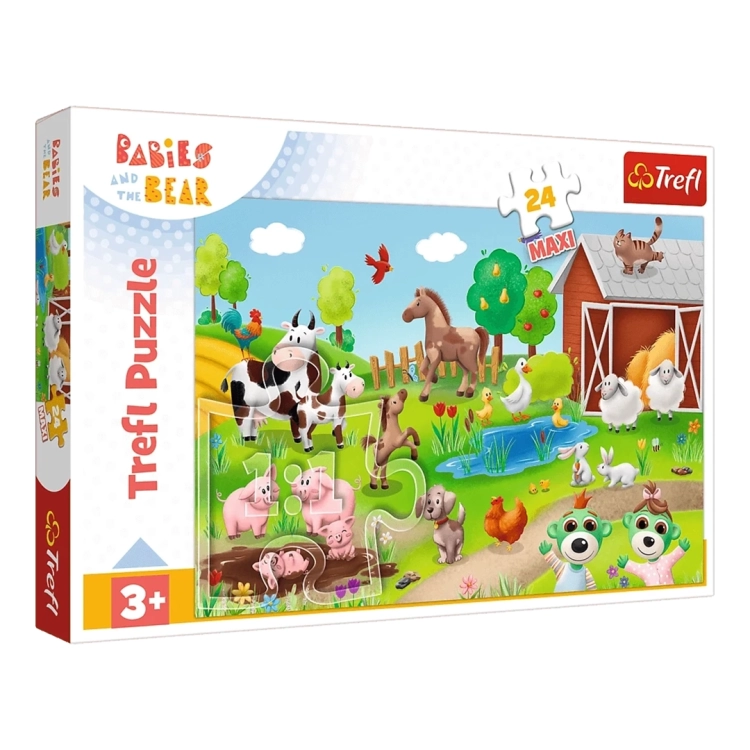 Pudełko puzzli Trefl 24 Maxi Bobaski i zwierzęta dla dzieci od 3 lat, edycja Babies and the Bear.