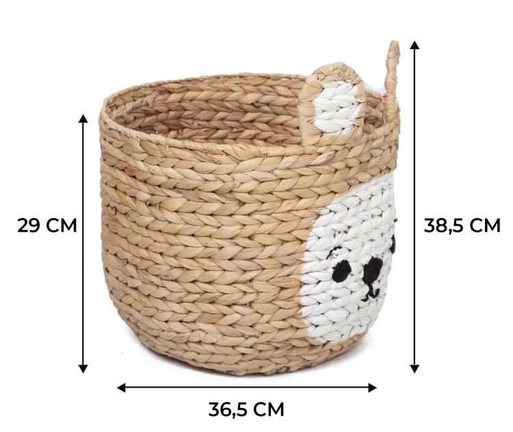 Grafika z wymiarami kosza: wysokość bez uszu 29 cm, wysokość z uszami 38,5 cm, średnica 36,5 cm.