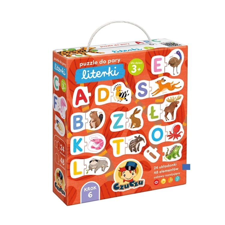 Pudełko edukacyjnych puzzli do pary Literki marki CzuCzu dla dzieci powyżej 3 roku życia.