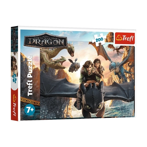 Pudełko puzzli Trefl z bohaterami filmu Jak wytresować smoka.